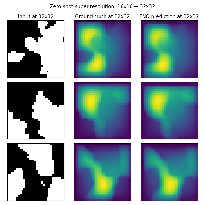Zero-shot super-resolution: 16x16 → 32x32, Input at 32x32, Ground-truth at 32x32, FNO prediction at 32x32